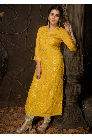 Yellow Color Designer Chinnon Kurti